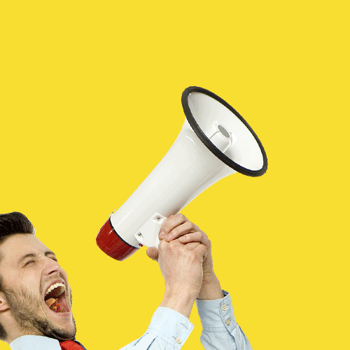 A man using a megaphone. For some reason, a hamburger is seen coming from his mouth, going through the megaphone, and out comes an even larger hamburger.
