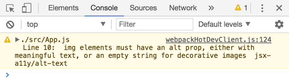 Screen capture of Chrome's developer tools console. A warning message states, 'img elements must have an alt prop, either with meaningful text, or an empty string for decorative images.'