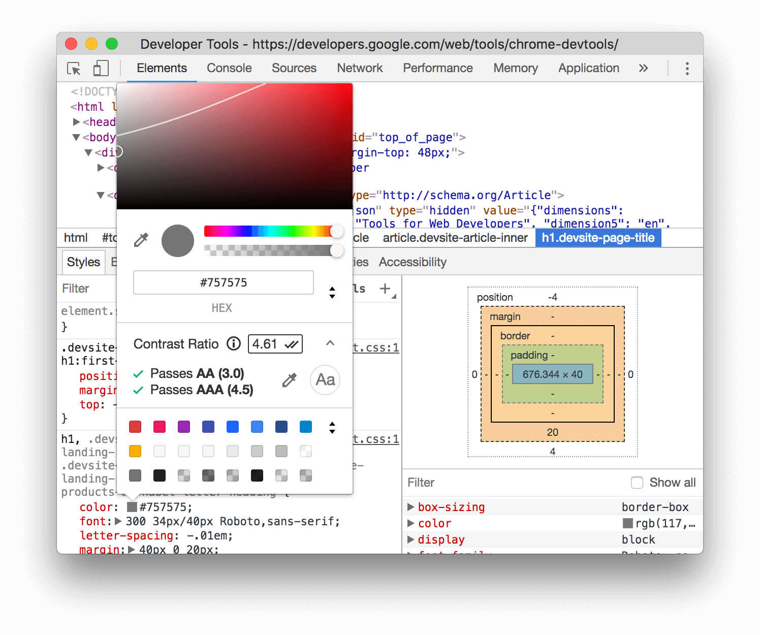 Screenshot of Chrome Developer Tools showcasing its color contrast test feature.