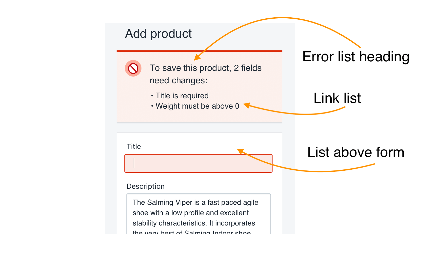 Screenshot of error list. Arrows point out features of error list which bring in attention.