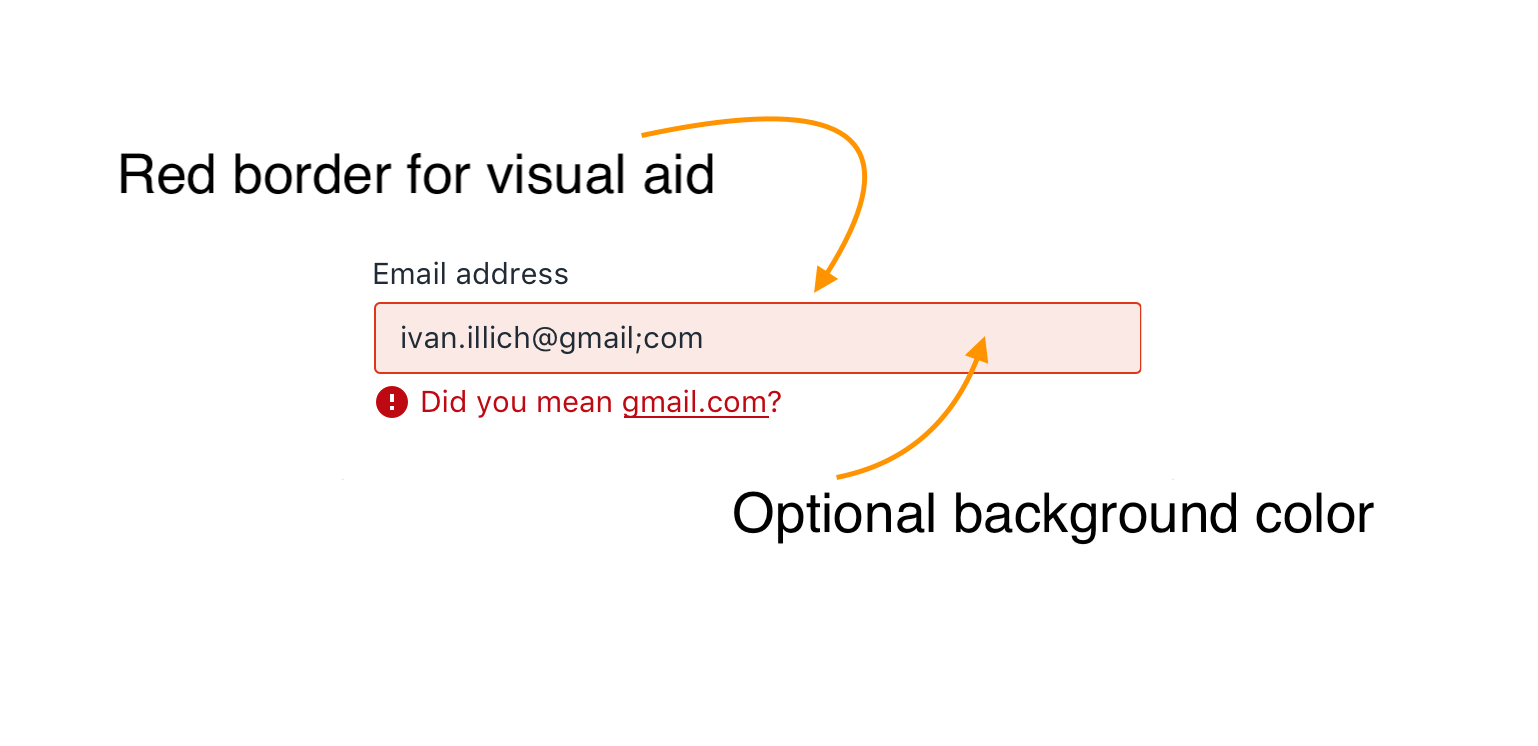 Screenshot of input field in an error state; red border, light red background, red error text with icon below.