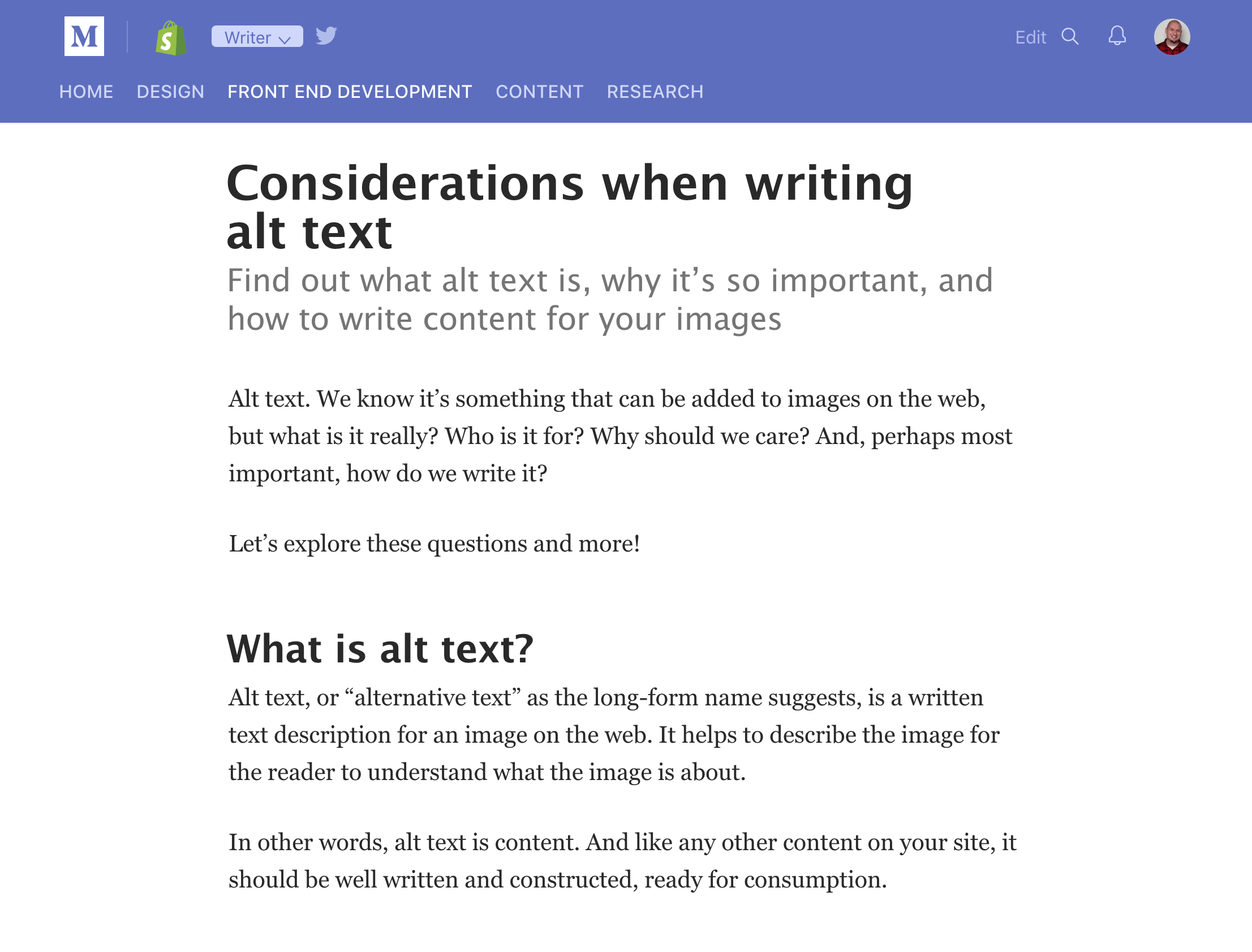 Screenshot of the 'Considerations when writing alt text' article.