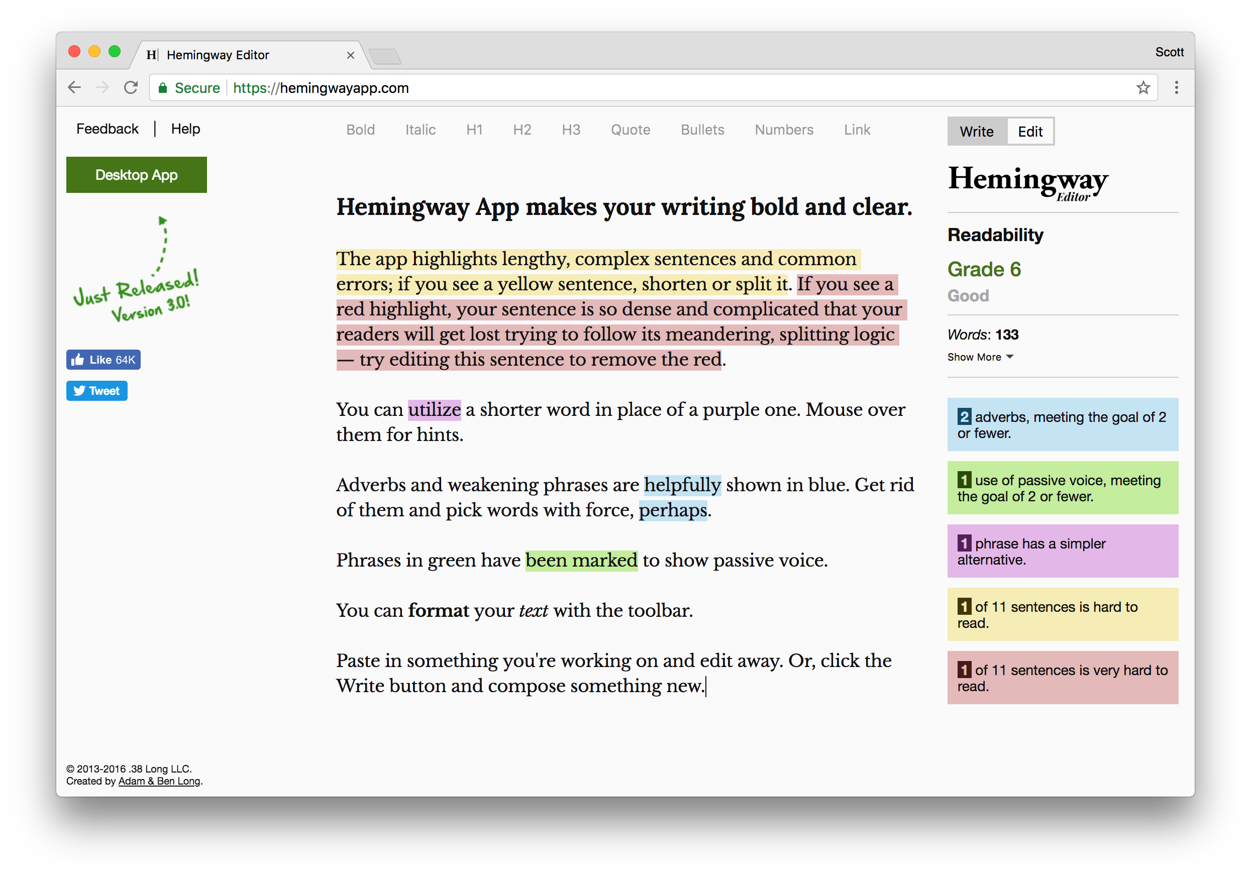 Screenshot of hemingwayapp.com