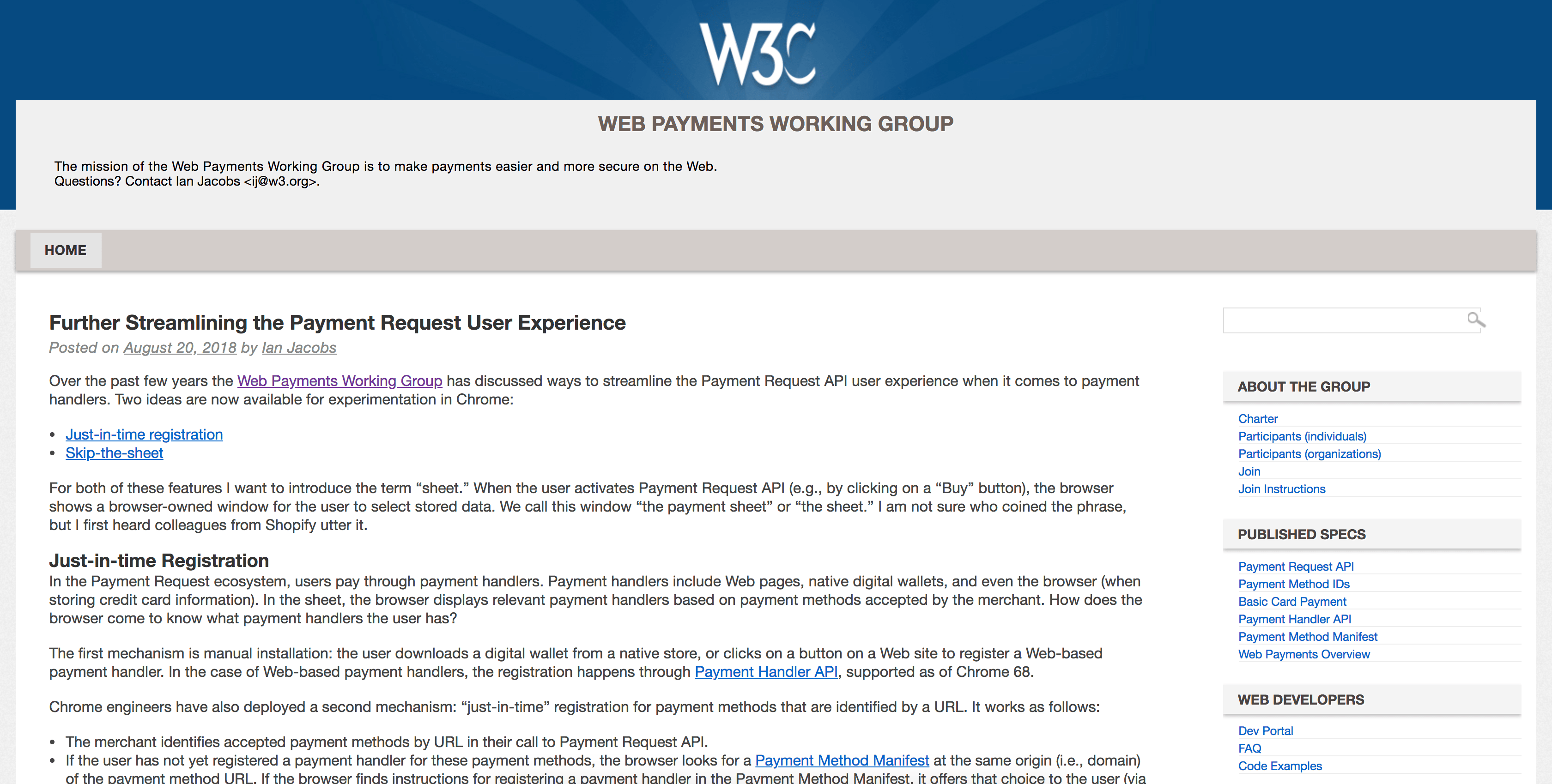 Screenshot of W3C Web Payments Working Group homepage.