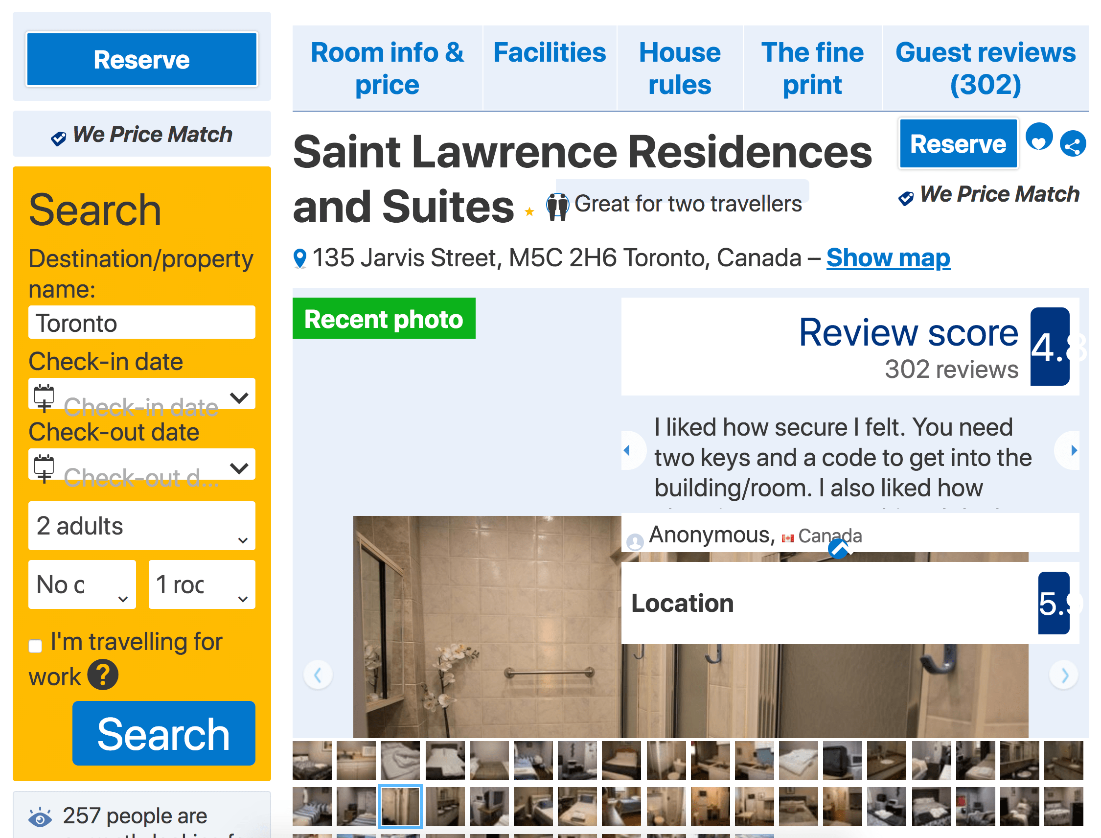 Screenshot of a hotel booking website with 200% zoom enabled. Text elements are overlapped and difficult to read. 